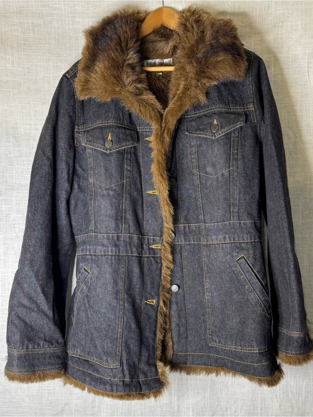 Marvin Richards Dark Denim Jacket with Brown Faux Fur Trim